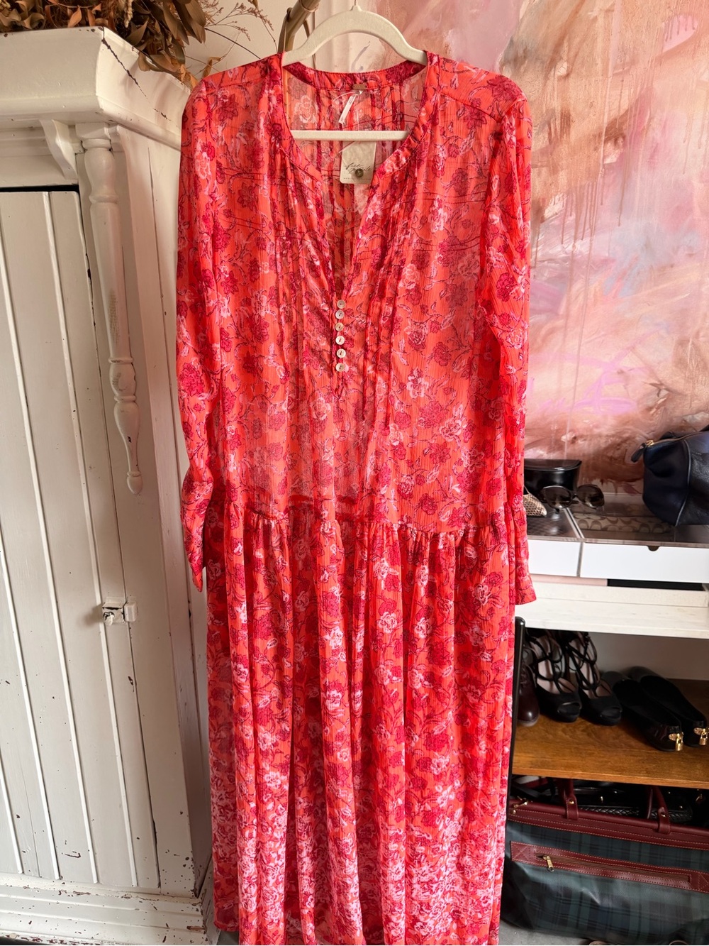 Free People Coral Pink Floral Long Sleeve Maxi Dress